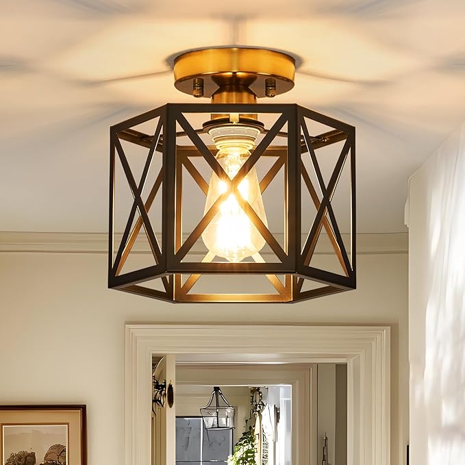 Modern Farmhouse Semi Flush Mount Ceiling Light,Industrial Black and Gold Ceiling Lighting Fixture,Hexagonal Close to Ceiling Lights for Kitchen, Hallway, Entryway, Bedroom,Foyer,9.5 Inch