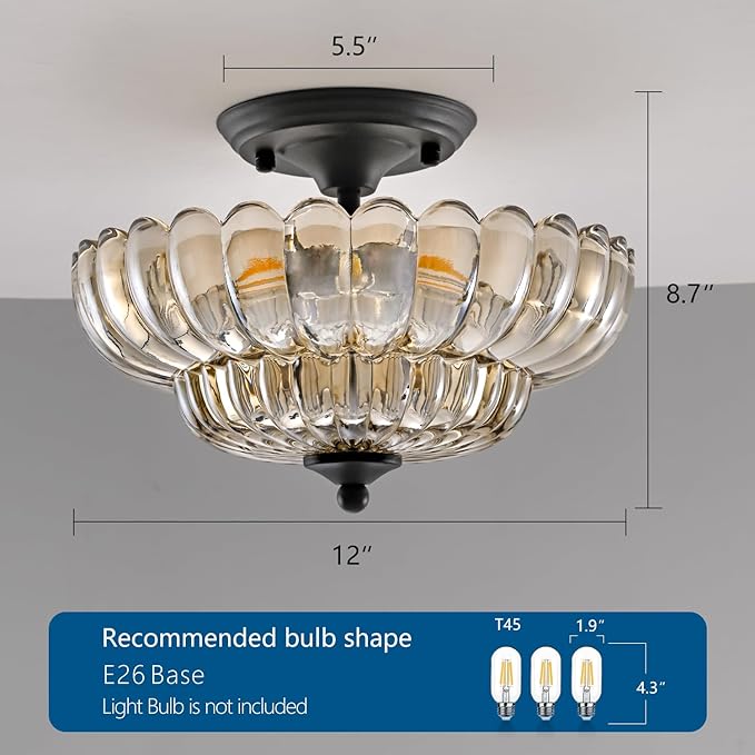 HuixuTe Modern Semi Flush Mount Ceiling Light, 3-Light Black Close to Ceiling Light Fixture with Cognac Glass Shade for Living Room Entryway Bedroom