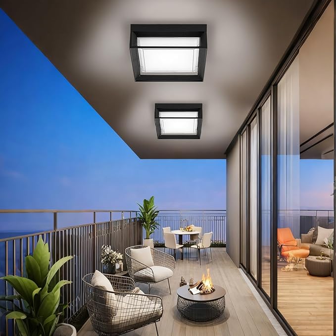 Square Flush Mount Outdoor LED Ceiling Light Fixture, 120V 24W 6000K Whitelight 9 inch Medium Overhead Porch Patio Balcony Lights Ceiling Mounted, Waterproof Suitable for Wet Areas, Black