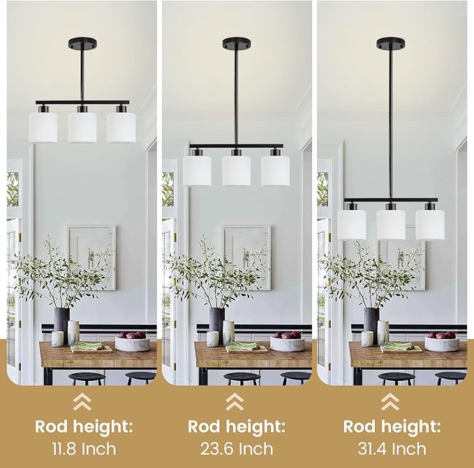 3-Light Kitchen Island Lighting, Black Pendant Light Fixture, Modern Hanging Light Fixtures with Milky White Glass, E26 Base, Bulbs Not Included