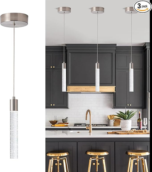 Modern Pendant Light with Adjustable Height - 3PCS Brushed Nickel & Clear Glass Cylinder Island Lights, 3000-6000K Dimmable Kitchen Pendant Lighting for Kitchen Island, Dining Room, Bar Counter