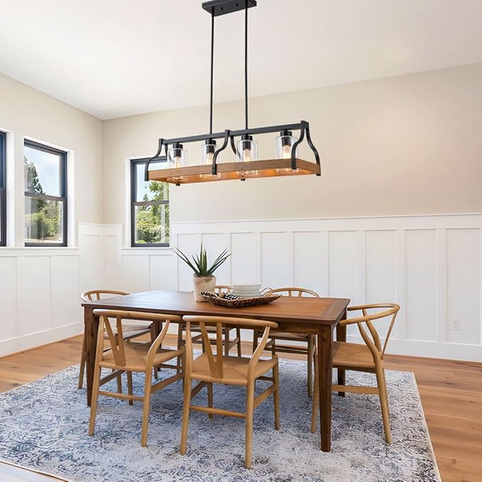 31.5" Farmhouse Chandeliers for Dining Room, 4-Light Kitchen Island Lights for Kitchen with Hand-blown Glass Shade, Faux Wood Black Kitchen Island Lighting Rustic Dining Room Light Fixtures over Table