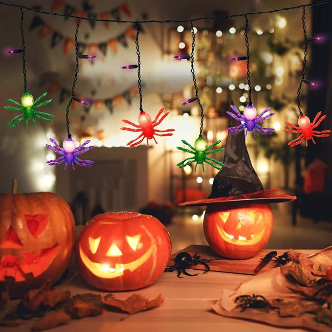 Halloween Spider String Lights, 7Ft Halloween Decorations Lights with 10 LED Colorful Spider Lights 15 Mini Purple Bulbs, Hanging Fairy Lights UL Listed for Outdoor Curtain Porch Bar Party Decor