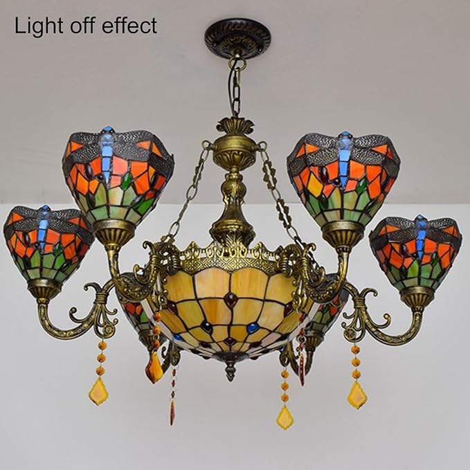 Tiffany-Style Victorian 6-Light Parrot Chandelier, European Red Dragonfly Stained Glass Multi-Head Pendant Lamp Fixture Ceiling Hang Light for Living Room Villa Dining Room,Dragonfly
