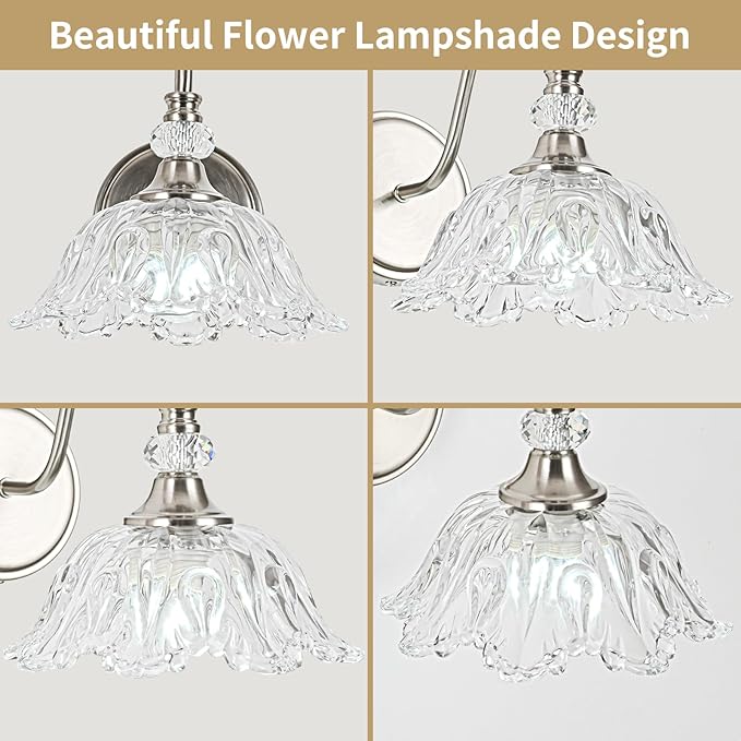 1 Piece Brushed Nickel Wall Sconce with Floral Clear Glass Shade, Brushed Nickel Finish Wall Mount Lighting for Bathroom, Modern Bathroom Vanity Light Fixture