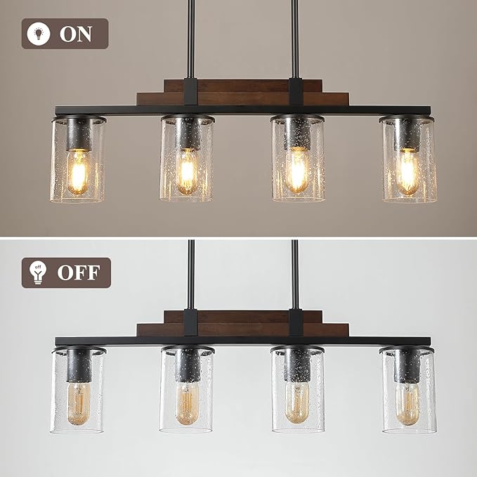 Farmhouse Wood Kitchen Island Lighting, 4-Light Adjustable Chandelier for Dining Room, Seeded Glass Shade Dining Room Light Fixture Over Table, Black Hanging Pendant Lights for Kitchen, Pool Table