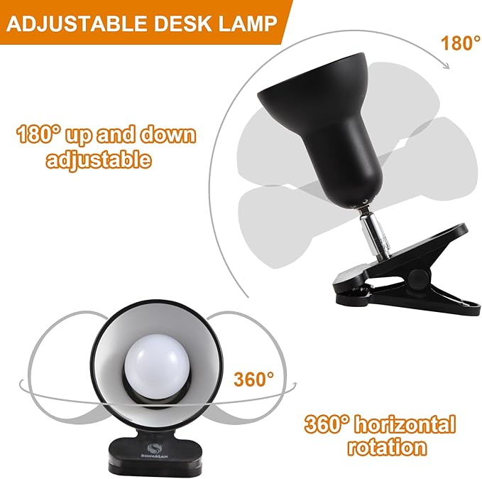 RONG&LAN LED Metal Clip On Light Clip on Lamp for Desk, 360° Adjustable Clamp Reading Light for Bed, Eye-Friendly Book Night Light for Desk Bed Table Dorm Room Bedroom Office Reading SUN-88 Black