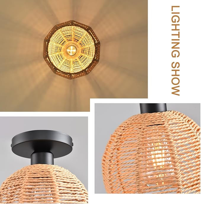 Hand-Woven Rattan Flush Mount Ceiling Light,Farmhouse Light Fixtures Ceiling Mount Boho for Hallway Bedroom Kitchen Entryway Living Room