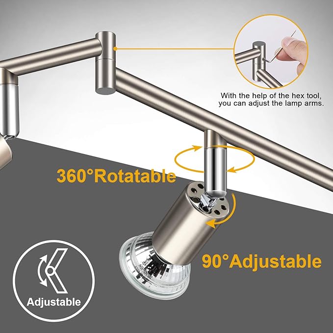 Ascher 6-Light LED Track Lighting Kit, Flexibly Rotatable Light Heads, 6 Way Ceiling Spotlight Matt Nickel Finish, Including 6 GU10 LED Bulbs (4W 400LM Daylight White 5000K)