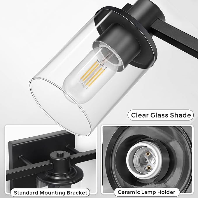 DORESshop 20 Inch Upgraded Bathroom Light Fixtures, 3-Light Black Bathroom Lighting Fixtures Over Mirror with Clear Glass Shade, Vanity Lights for Bathroom Living Room Bedroom, ETL Listed