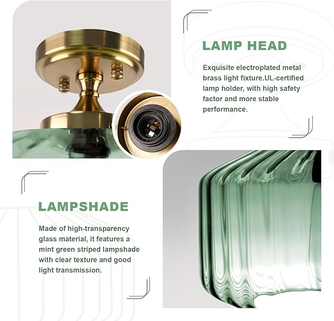 Vintage Thickened Glass Flush Mount Ceiling Light - 2 Pack Mint Green Semi Flush Mount Light Fixture Gold Chandelier Closet Light for Cottage Porch Corridor Bedroom