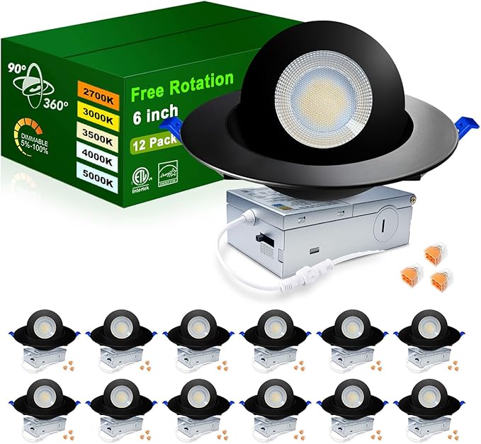 zouzai 5CCT Gimbal Led Recessed Lights, 360°+90° Adjustable Directional Recessed Lighting, 2700K-5000K Dimmable Retrofit Eyeball Can Lights with Jbox, ETL&Energy Star (Black-6 inch, 12 Pack)