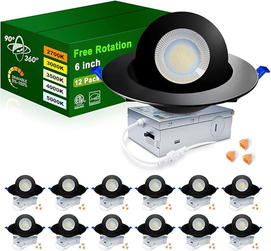 zouzai 5CCT Gimbal Led Recessed Lights, 360°+90° Adjustable Directional Recessed Lighting, 2700K-5000K Dimmable Retrofit Eyeball Can Lights with Jbox, ETL&Energy Star (Black-6 inch, 12 Pack)