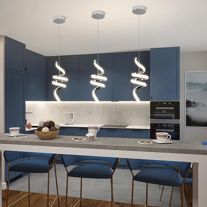 4000K Modern Pendant Light, 15IN Spiral LED Pendant Lights Adjustable Height Black Kitchen Island Fixtures Chandeliers for Dining Room Hanging Lights, 1 Pack (Chrome,4000K, Hardwired,2PACKS)