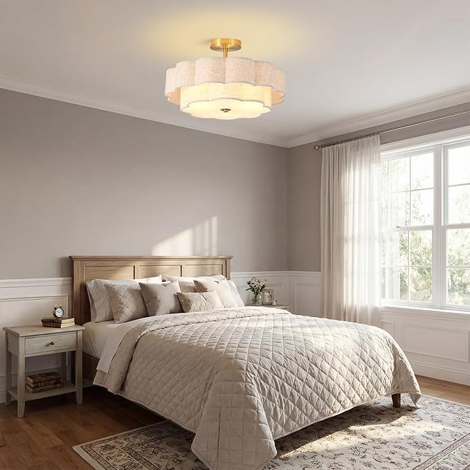 Modern Semi Flush Mount Ceiling Light ,17.7" Modern Gold Drum Ceiling Lighting Fixture with Linen Shade ,3-Light Vintage Lamp for Living Room, Bedroom, Kitchen, Dining Room, Hallway, Entryway