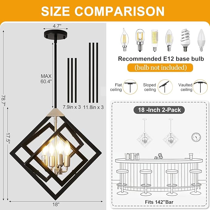 18" Modern Pendant Lights Kitchen Island, 4-Light Black + Brushed Nickel Pendant Light Fixtures, Farmhouse Chandelier Kitchen Island Lighting, Hanging Pendant Lights for Kitchen Island Entryway