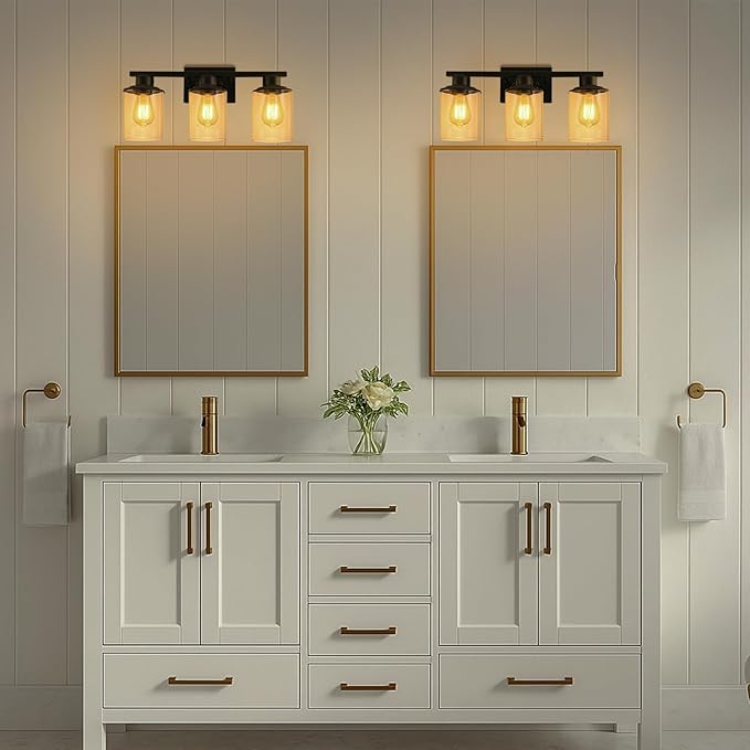 Lightdot Modern Bathroom Light Fixtures, 3 Light Vanity Lights, Black Wall Lamp with Clear Glass for Bathroom, Mirror, Living Room, Bedroom, Hallway, E26 Base-Black
