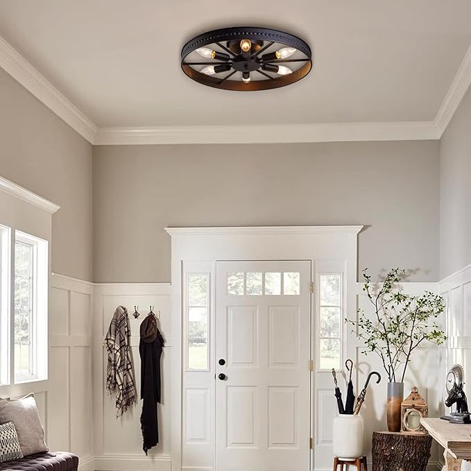 6-Lights Rustic Metal Ceiling Light Fixture Black Round Industrial Living Room Light Semi-Flush Mount Farmhouse Chandelier for Kitchen Island Dining Room Entryway Bedroom Hallway
