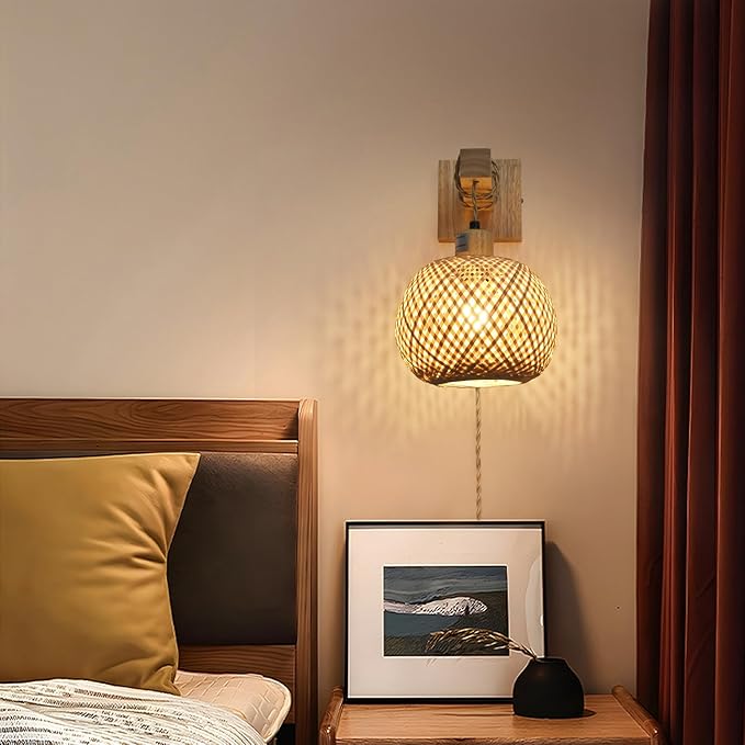 Boho Plug in Wall Sconces Set of Two,Vintage sconces wall Lighting for Bedroom Living Room Farmhouse Bamboo Shade- White
