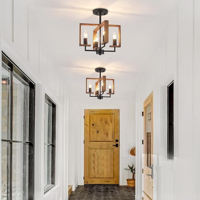 4-Light Farmhouse Ceiling Light, Semi Flush Mount Ceiling Light Fixture, Kitchen Island Lighting Rustic Wood Metal Geometric for Hallway Dining Room Entryway Laundry Bedroom