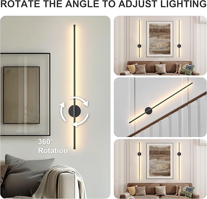 Battery Operated Modern Wall Sconces Set of Two,Rechargeable Wireless Wall Lights with Remote Control,Dimmable,3CCT,Timer,360°Rotation,Cordless Lighting for Bedroom,Living Room,Hallway,Black,39.3 Inch