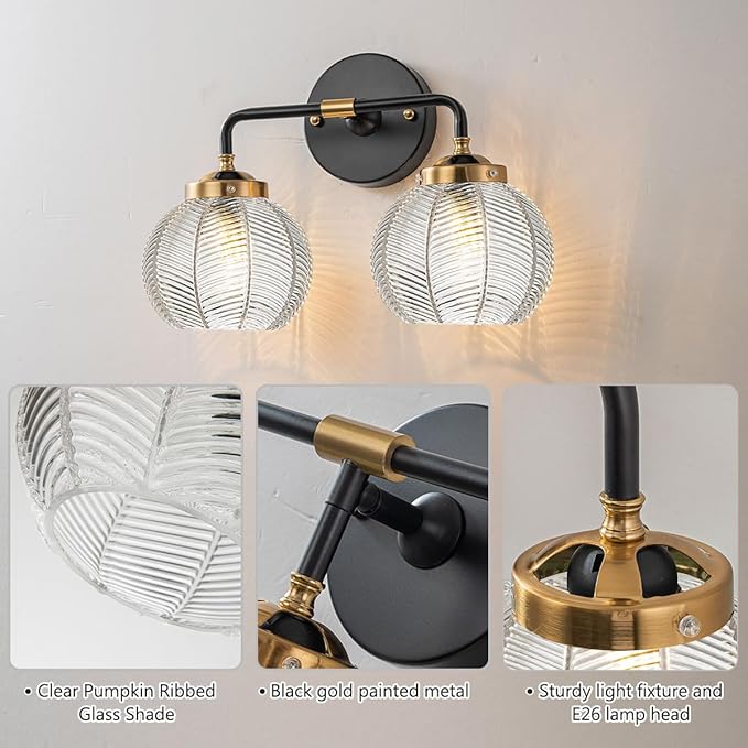Black Bathroom Vanity Light Fixture Kitchen Sink Sconce Lighting fixtures Over Mirror with 2 Globe Shade Clear Wall Light Modern Ribbed Glass Wall Sconces for Bedroom Living Room