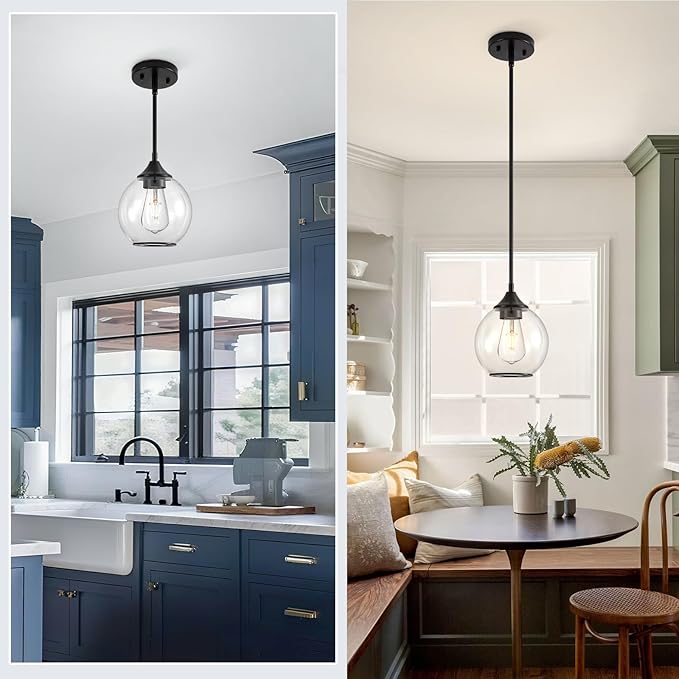 Pendant Lights Kitchen Island,Farmhouse Black Pendant Light with Clear Glass Globe Shade,6.29" Glass Pendant Light for Finish Farmhouse Entryway Dining Room Kitchen Island 1 Light
