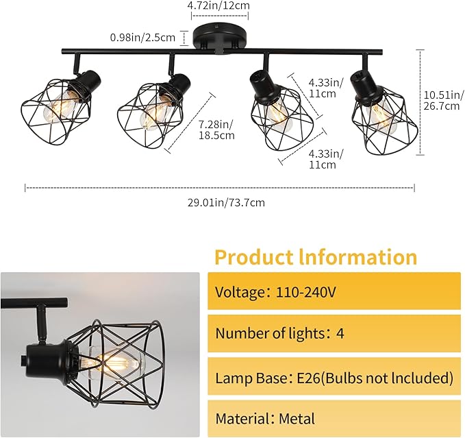 WILON Track Lighting Fixtures Ceiling 4-Light Flush Mount Ceiling Spot Lights, Industrial Track Light Black Kitchen Light Fixtures Rotatable Spotlight for Kitchen Hallway Living Room (E26 Base)