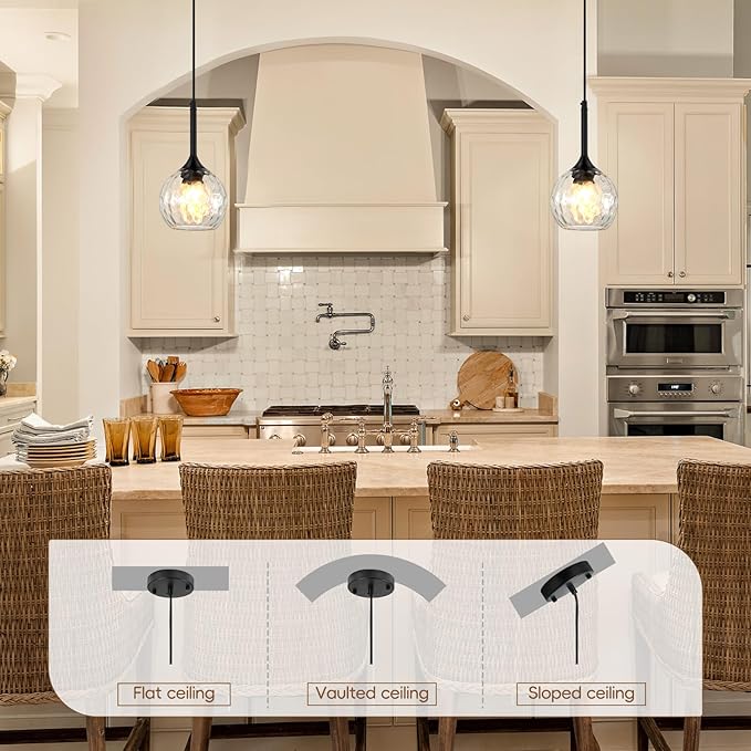 JHLBYL Glass Pendant Lights Kitchen Island: 5.91'' 1-Light Hammered Glass Pendant Light with Black Finish - Modern Minimalist Hanging Light Fixture for Kitchen Sink Dining Room - E26 Base