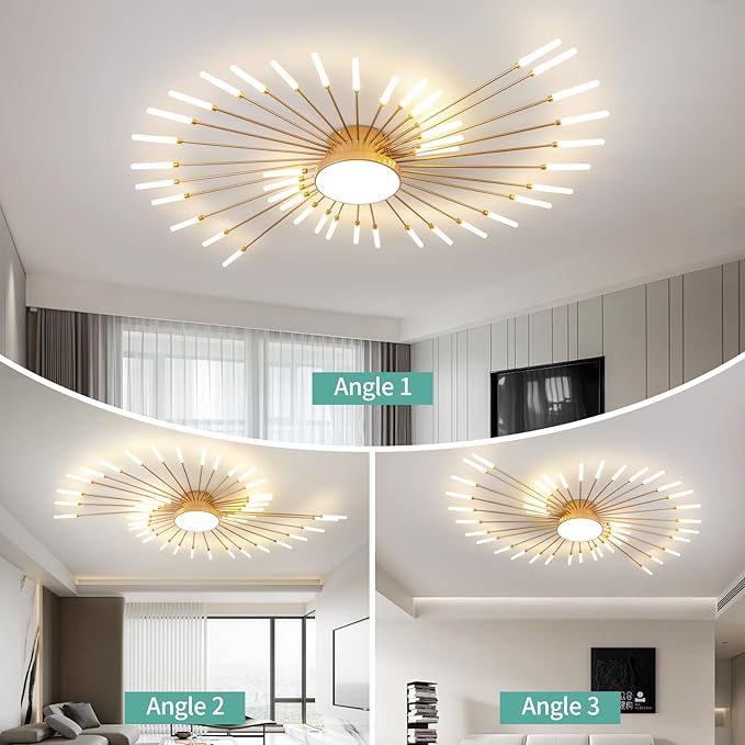 ziidoo Modern Ceiling Light, 42+1 Lights Metal Firework Designed Chic Led Lighting Fixture for Farmhouse Kitchen Dining Room Bedroom Hallway Living Room (Gold and Dark Gold)