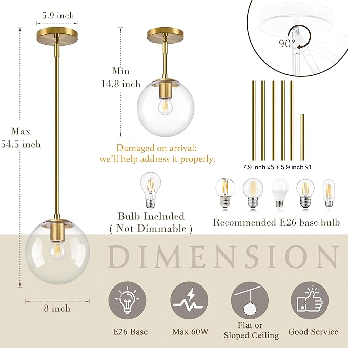 Bagood 8" Globe Pendant Light Gold 2 Pack Mid Century Pendant Light Globe Pendant Lights Kitchen Island Brushed Brass Finished with Clear Glass Adjustable Ceiling Light Fixtures for Dining Room Bar