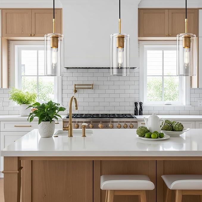 Brass Pendant Lights Kitchen Island 1 Pack Modern Glass Pendant Light Fixtures, 9.5'' Farmhouse Gold Pendant Light Fixtures, Indoor Chandelier for Bathroom, Bar Included Bulb