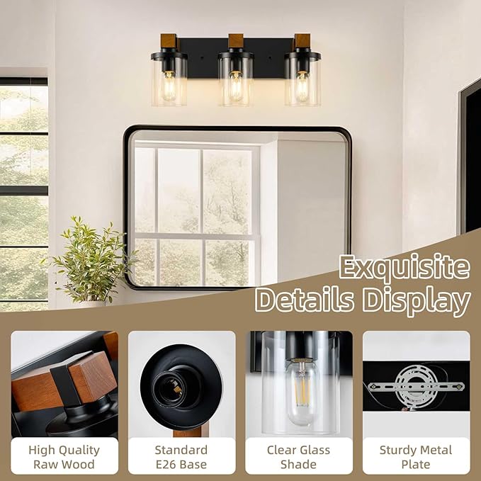 3-Light Farmhouse Bathroom Light Fixtures, Black Bathroom Vanity Light Fixtures Over Mirror, Rustic Sconces Wall Lighting with Clear Glass Shades for Living Room, Bedroom, Hallway