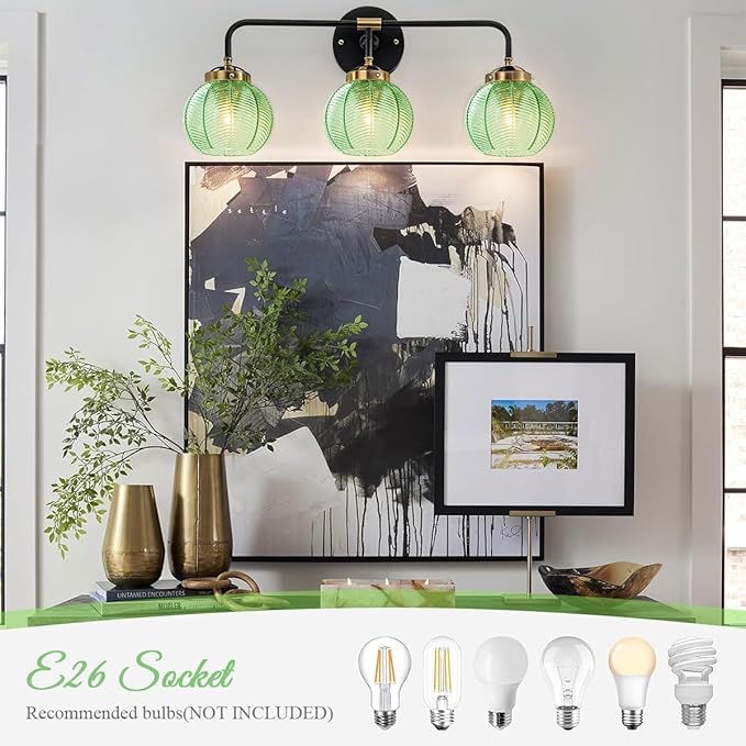 Bathroom Light Fixtures Vanity Wall 3-Light Coastal Vanity Lights Emerald Green Vintage Wall Lamp with Glass Globe Shade Modern Glass Wall Vanity Lighting for Mirror Kitchen Cabinet