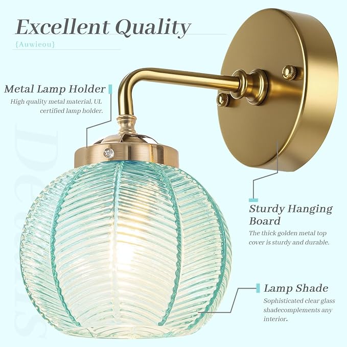 Vintage Wall Sconce Gold Bathroom Vanity Light Hand Blown 1-Light Globe Wall Sconce Indoor Wall Light with Blue Glass Shade Mid Century Modern Wall Lighting for Bedroom Hallway Living Room