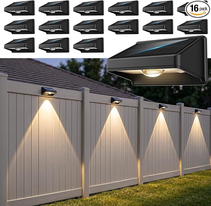 Solar Fence Lights Outdoor, 3000/4500/6000K 3 Mode 16 Pack Fence Lights Solar Powered Ultra-Bright LED Lens IP65 Waterproof Solar Patio Lights for Outside,Deck/Flood/Backyard/Yard /Step/Railings/Wall
