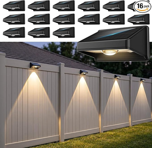 Solar Fence Lights Outdoor, 3000/4500/6000K 3 Mode 16 Pack Fence Lights Solar Powered Ultra-Bright LED Lens IP65 Waterproof Solar Patio Lights for Outside,Deck/Flood/Backyard/Yard /Step/Railings/Wall