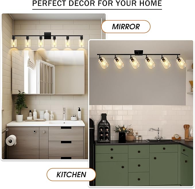Track Lighting Fixtures Ceiling, 6-Light Track Light with Clear Glass Shade, 45" Modern Kitchen Lighting Ceiling with Rotatable Track Head, Black Wall Light for Vanity Hallway Bedroom(E26, No Bulb)
