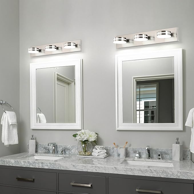 3-Light Bathroom Vanity Light, Brushed Nickel Bathroom Light Fixtures Over Mirror, LED Vanity Lights with 360°Rotating Lamp Head(24in)