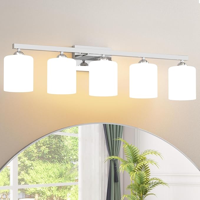 Quntis 5-Light Bathroom Light Fixtures Over Mirror 5 Colors Adjustable, LED Bathroom Vanity Light with Milky White Frosted Glass Shade, Lights for Bathroom Energy-Saving, 35.8 inch