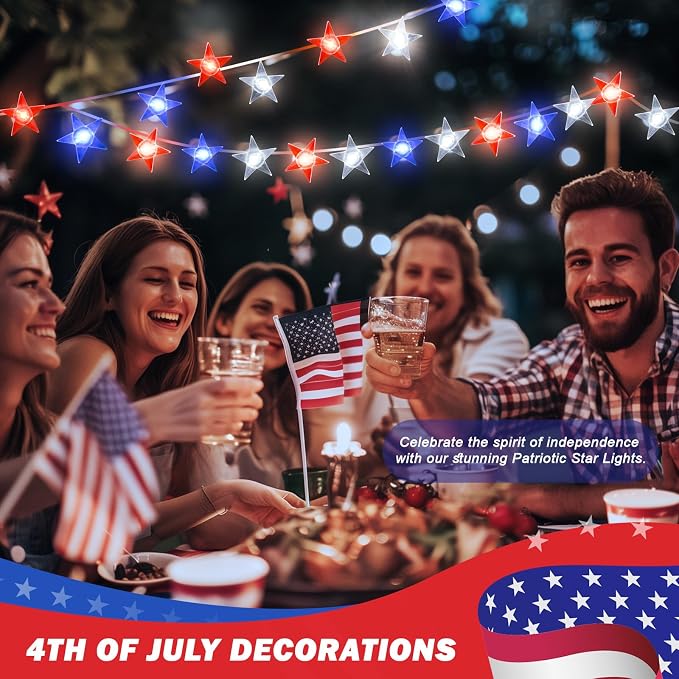 4th of July Decorations, 10ft 30 LED Twinkle Red White and Blue Star String Lights Battery Operated, Patriotic Decorations for Memorial Independence Day Party Golfcart Fourth of July (White Light)