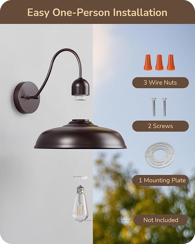 EDISHINE 12IN Farmhouse Outdoor Barn Light, 2 Pack Outdoor Wall Light Fixture, Gooseneck Outside Wall Sconce, Brown Wall Mount Lantern for Porch, Entryway, Garage