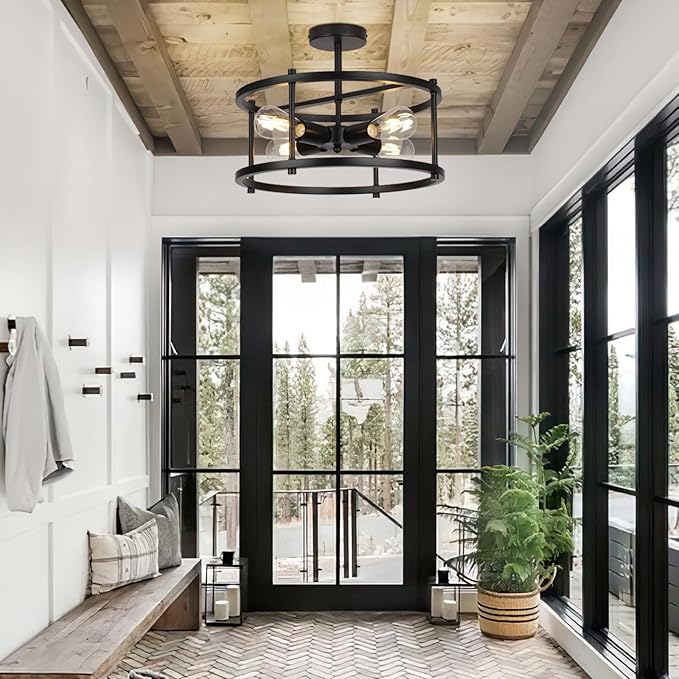16'' Semi Flush Mount Ceiling Light 4-Light Industrial Light Fixtures Ceiling Mount Black Chandelier Light Fxiture for Kitchen Dining Room Entryway Bedroom Living Room