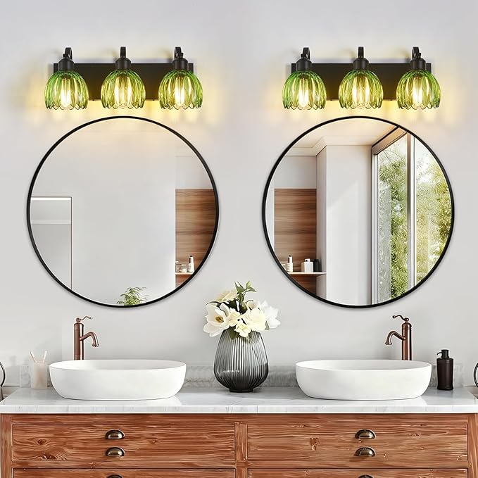 3-Light Black Vanity Lights with Green Tulip Glass Shade, Bathroom Lighting Fixture Over Mirror, Vintage Vanity Wall Sconce Lamp for Kitchen Living Room Hallway