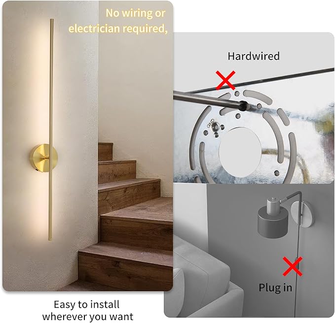 40" Gold Battery Operated Wall Sconces Set of Two Modern Rechargeable Wall Sconces with Remote Control LED Dimmable Wall Lights for Living Room Bedroom Hallway (2 Pack)