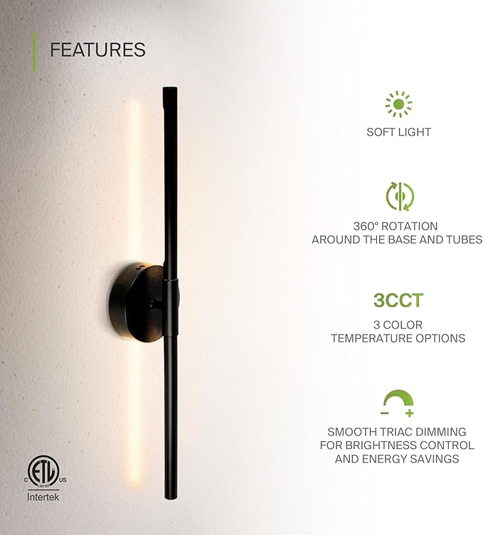 ASD LED 24" Linear Tube Wall Sconce, Modern Bathroom Light Bar | 3CCT, Dual 360° Rotatable, Dimmable, ETL Listed | 8W 666LM 3000-5000K 100-277V | Bedroom, Hallway Vanity Lighting | Black
