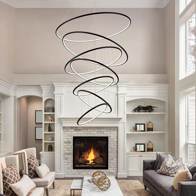 MADEM Modern LED Chandeliers 7 Rings Black Chandelier Contemporary Ceiling Pendant Light Fixture for Staircase Foyer High Ceiling Living Room, 3000K Warm White, 200W