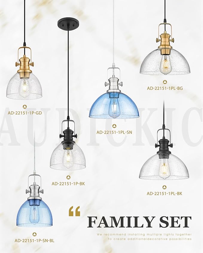 2 Pack Pendant Lights Kitchen Island, 7.5" Black Pendant Lighting with Clear Seeded Glass Shade, Farmhouse Hanging Light Fixtures for Dining Room, AD-22151-1P2-BK