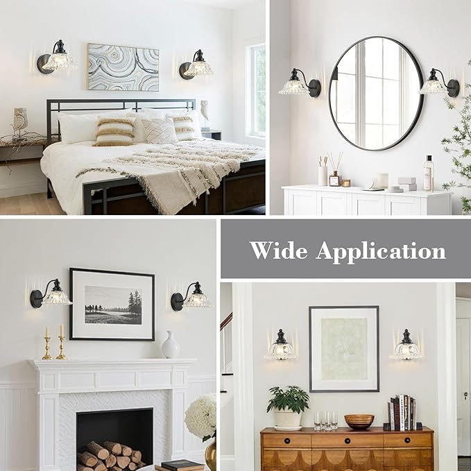 Vintage Wall Sconce Light, Matte Black Bathroom Sconces Wall Lighting, Antique Wall Light Fixture with Clear Flower Glass Shades, Indoor Wall Sconces for Living Room Bedroom, 1-Light Wall Lamp