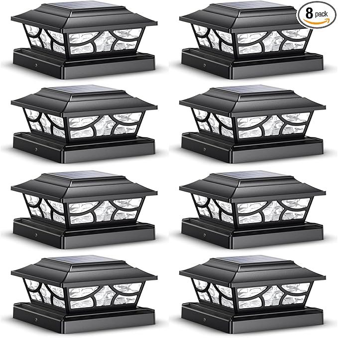 SIEDiNLAR Solar Post Lights Outdoor 4 Modes Fence Deck Post Cap Light for 4x4 5x5 6x6 Vinyl Wooden Posts Garden Patio Decor, Warm White & Cool White Dynamic Lighting Black (8 Pack)
